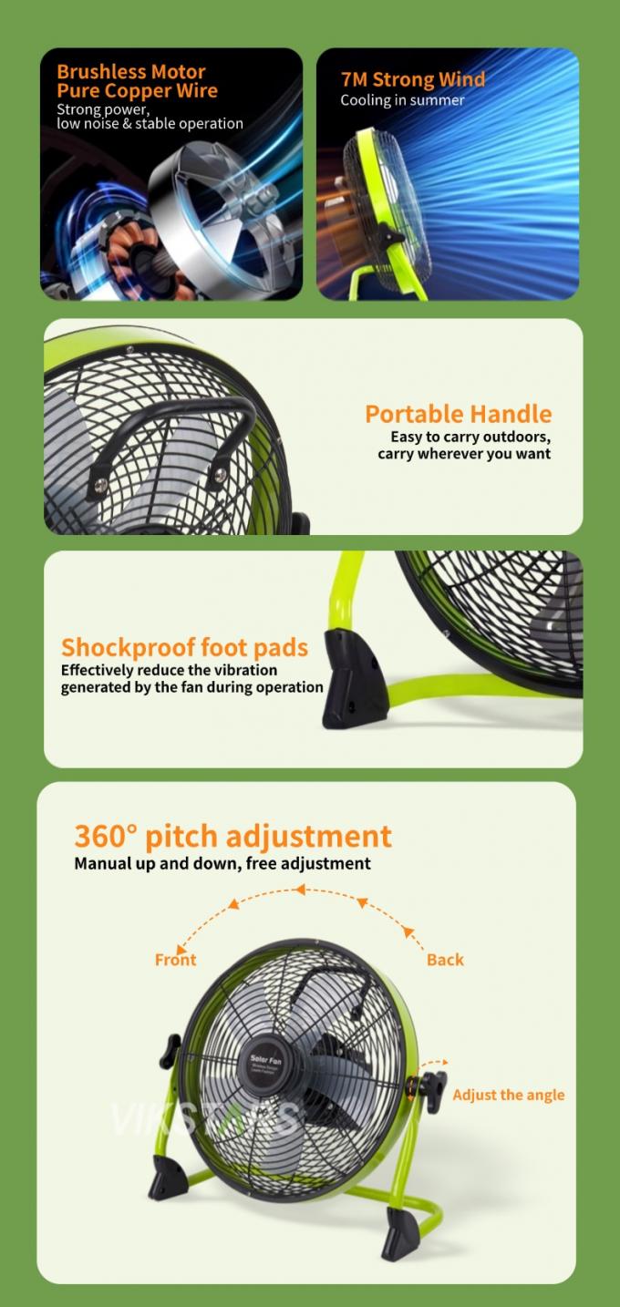 Ventilador portátil para exteriores recargable para el hogar de emergencia de 12 pulgadas 14 pulgadas Ventilador de suelo solar Ventilador de energía solar silencioso 8